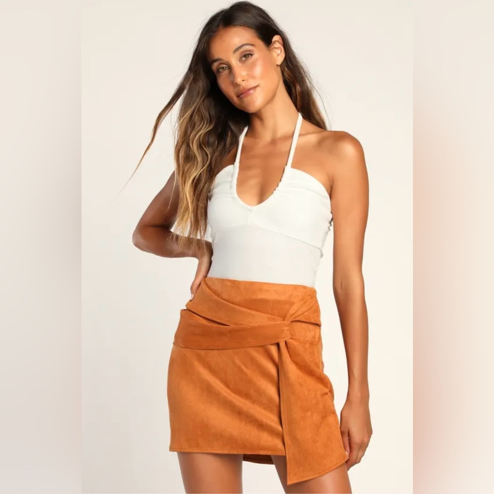 Lulus | Twist Rust Brown Suede Twist-Front Mini Skirt | Small | Brown